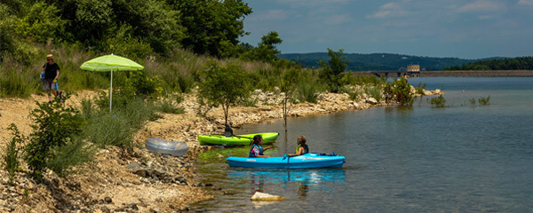 Children on kayaks in Hunterdon County, New Jersey