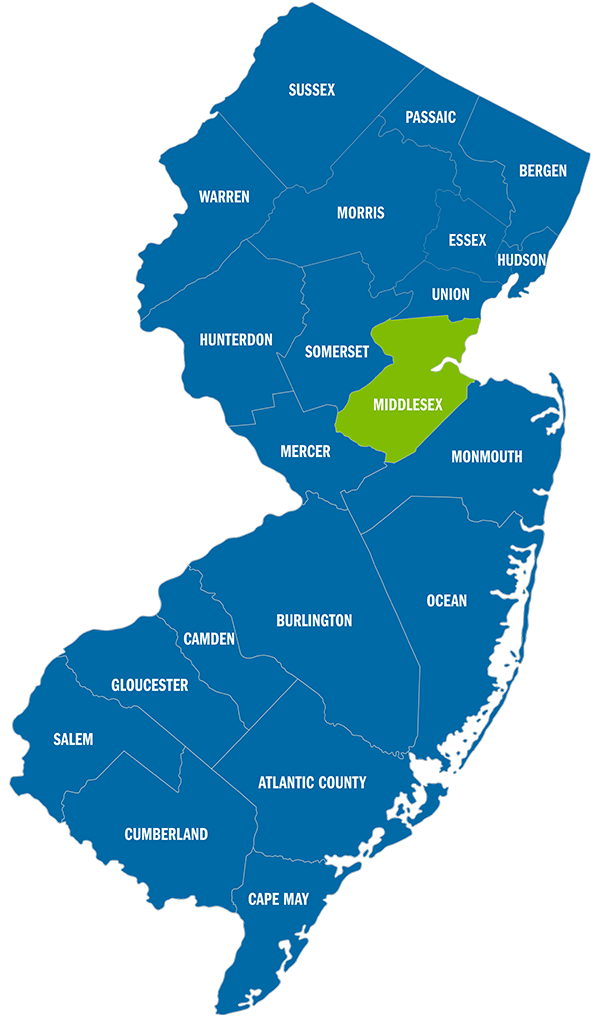 Condado de Middlesex no mapa de Nova Jersey