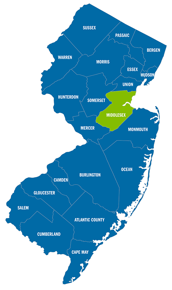 Kaart van New Jersey met de nadruk op Middlesex County