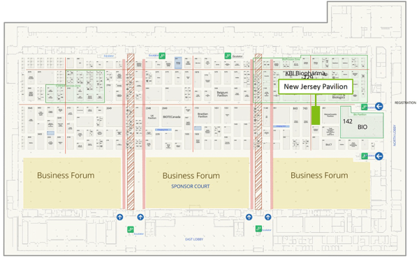 BIO 国际 2023 年会议展览馆平面图，新泽西馆在 651 号展位突出显示
